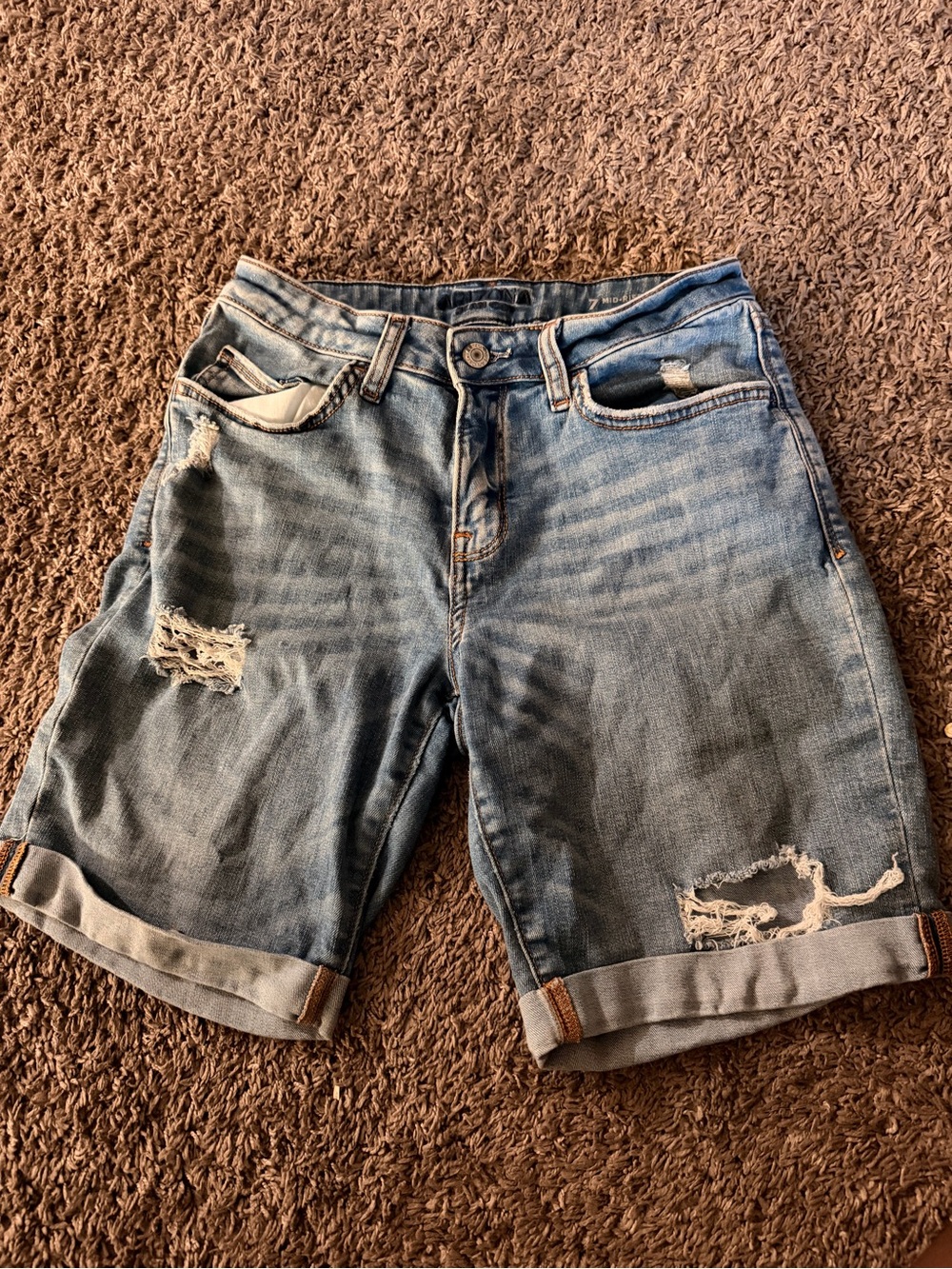 Arizona Mid-Rise Jean Company Light Blue Distressed Rolled Cuff Denim Shorts